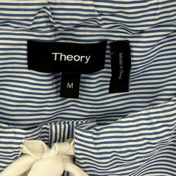 Theory Velvela Taff Stripe Cotton Tie Neck Button Front Top Women Medium Blue - Picture 4 of 7